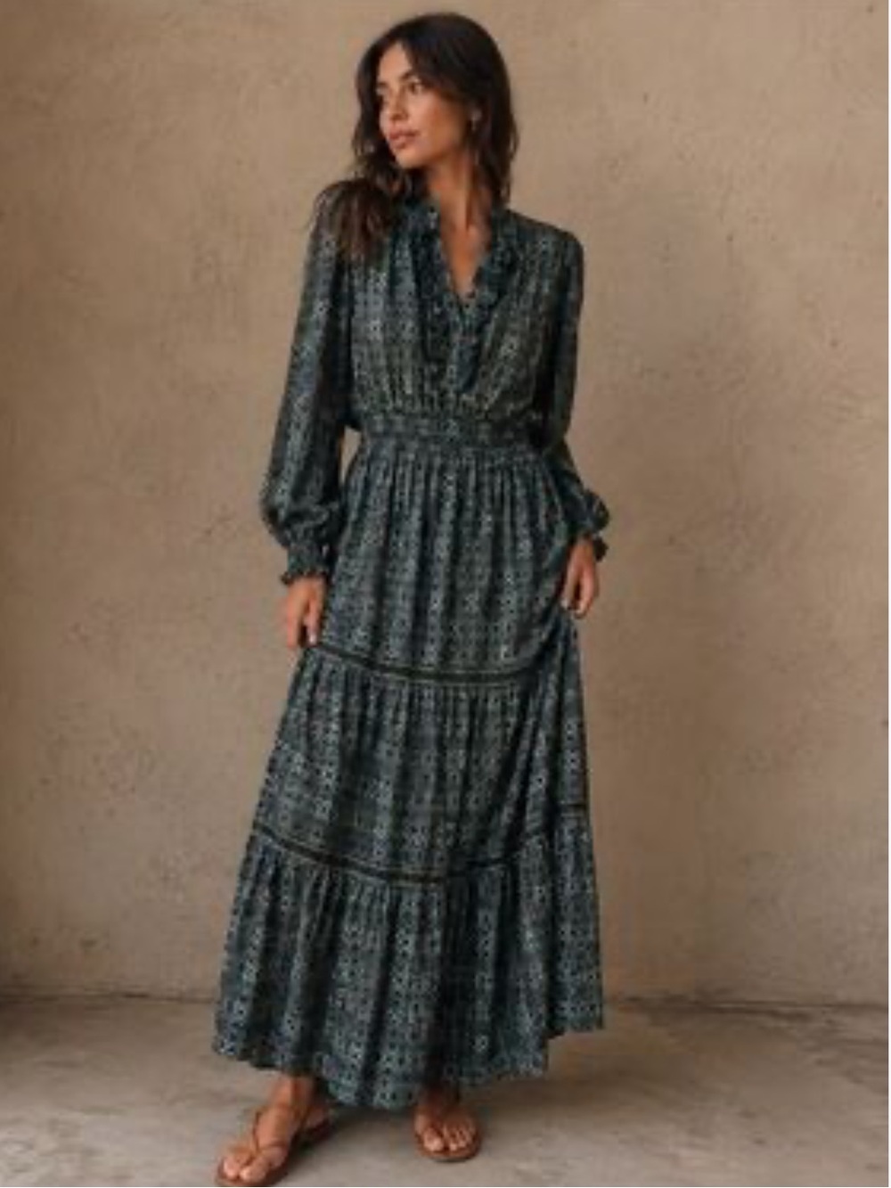 Max Studio Tiered Ruffle Dark Green Smocked Maxi Dress Women's Size X Small